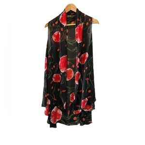 Black Semi Sheer Poppy Floral Print Sleeveless Over Piece Swim Coverup Cardigan